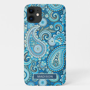 Moderne Blauwe Paisley Patroon Persoonlijke Naam Case-Mate iPhone Case