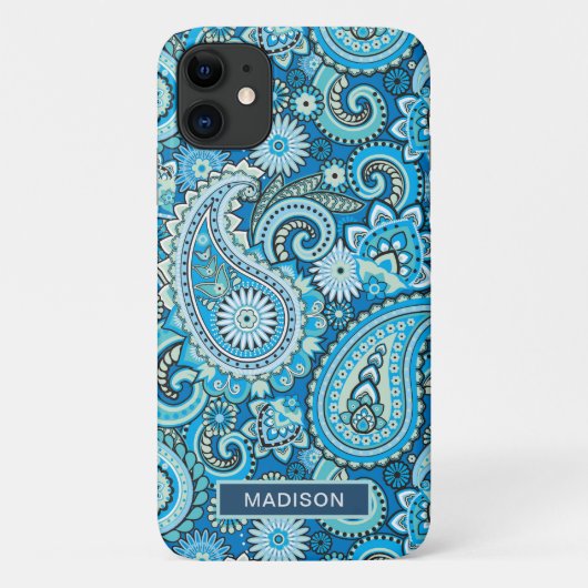 Moderne Blauwe Paisley Patroon Persoonlijke Naam Case-Mate iPhone Case (Achterkant)