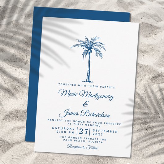 Moderne Blauwe Palm Tropisch Strand Bruiloft Kaart