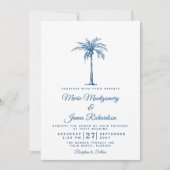 Moderne Blauwe Palm Tropisch Strand Bruiloft Kaart (Voorkant)