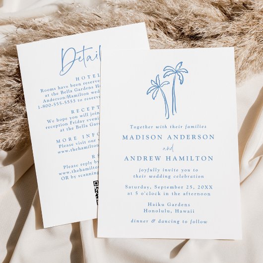 Moderne blauwe palmbomen QR-code Alles in één brui Kaart