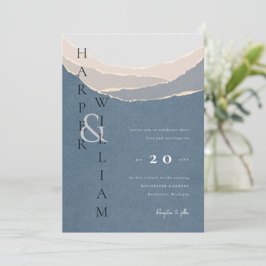 moderne blauwe - papieren bergen bruiloft kaart (Staand voorkant)