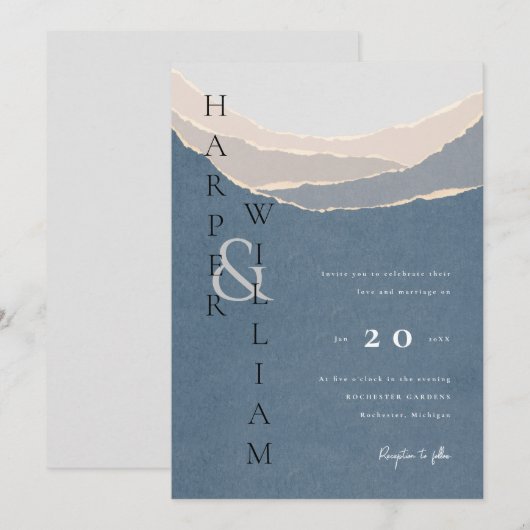 moderne blauwe - papieren bergen bruiloft kaart (Voorkant / Achterkant)