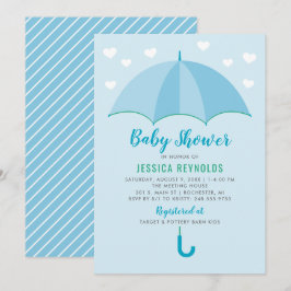 Moderne Blauwe Paraplu Hartjes Jongens Baby Shower Kaart