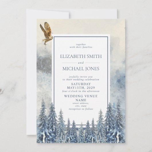 Moderne Blauwe Pijnbomen Waterverf Winterbruiloft Kaart (Voorkant)
