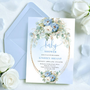 Moderne blauwe pioen gouden lijst baby shower uitn kaart