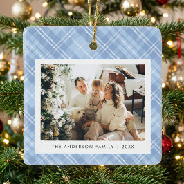 Moderne Blauwe Plaid Familie Foto Kerstmis Keramisch Ornament