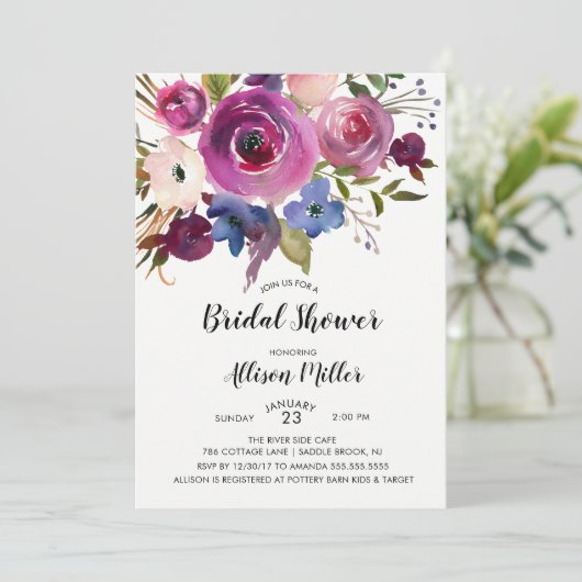 Moderne Blauwe Plum Bloemen Bruids Douche Uitnodig Kaart (Staand voorkant)