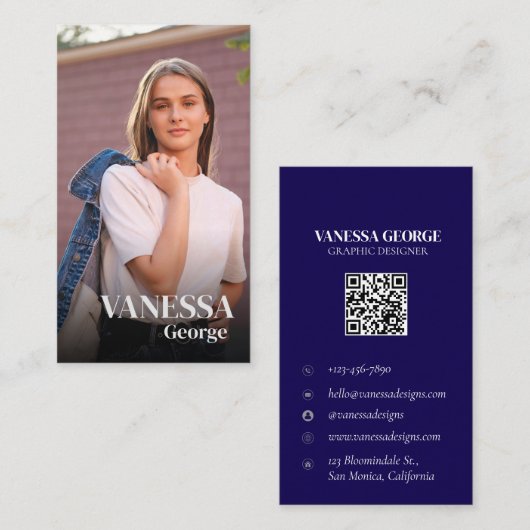Moderne Blauwe QR Code Custom Photo Professional Visitekaartje (Voorkant / Achterkant)