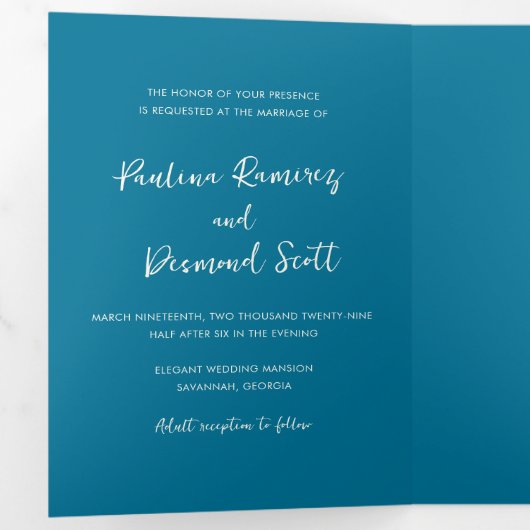 Moderne blauwe QR-code Eenvoudige bruiloft Drieluik Uitnodiging (Binnenzijde eerst)