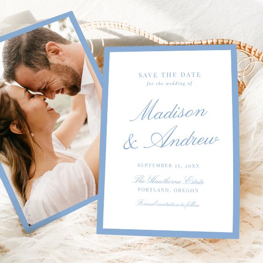 Moderne Blauwe Rand Foto Bruiloft Save The Date
