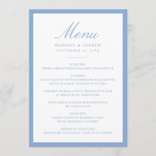 Moderne Blauwe Rand Trouwmenu Menu (Voorkant)