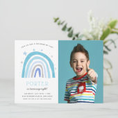 Moderne Blauwe Regenboog Kinderverjaardagsfeest Fo Kaart (Staand voorkant)