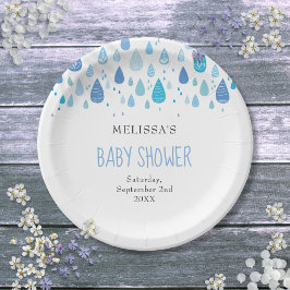 Moderne Blauwe Regendruppels Baby Shower Strooidec Papieren Bordje