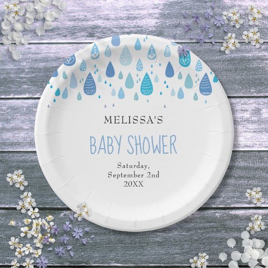 Moderne Blauwe Regendruppels Baby Shower Strooidec Papieren Bordje