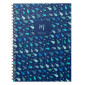 Moderne blauwe regendruppels op maat gemaakt monog notitieboek (Voorkant)