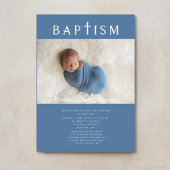 Moderne blauwe religieuze kruisfoto jongensdoop kaart