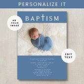 Moderne blauwe religieuze kruisfoto jongensdoop kaart