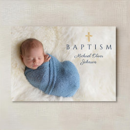 Moderne blauwe religieuze kruisjongen doop foto kaart