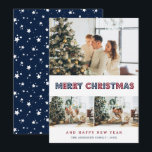 Moderne Blauwe Rode Sneeuw Sterren Foto Collage Feestdagenkaart<br><div class="desc">Aangepaste blauwe en rode foto Vrolijke kerstkaart met een fotocollage met een modern lettertype aan de voorkant en een donkerblauwe achtergrond met vallende sneeuw en sterren aan de achterkant. Personaliseer deze rode en blauwe foto vakantiekaart eenvoudig met uw foto's,  de familienaam en het jaar.</div>