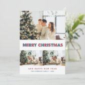 Moderne Blauwe Rode Sneeuw Sterren Foto Collage Feestdagenkaart (Staand voorkant)