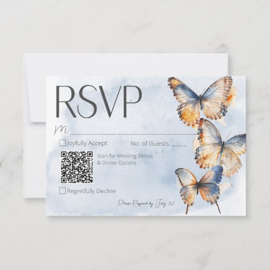 Moderne Blauwe & Roest Waterverf Vlinders QR Code RSVP Kaartje (Voorkant)