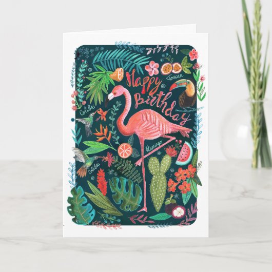 Moderne Blauwe & Roze Flamingo geschilderde Verjaa Kaart (Voorkant)