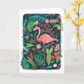 Moderne Blauwe & Roze Flamingo geschilderde Verjaa Kaart (Gele Bloem)