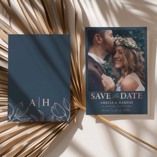 Moderne Blauwe & Roze Gouden Save the Date