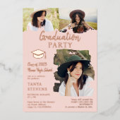 Moderne blauwe roze penseelstreek 3 foto's afstude folie uitnodiging (Voorkant)