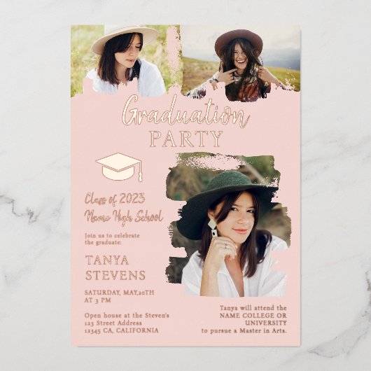 Moderne blauwe roze penseelstreek 3 foto's afstude folie uitnodiging (Voorkant)