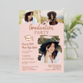 Moderne blauwe roze penseelstreek 3 foto's afstude folie uitnodiging (Staand Voorkant)