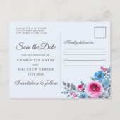Moderne blauwe roze Waterverf Floral bewaar de dat Aankondigingskaart (Achterkant)