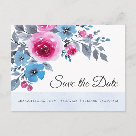 Moderne blauwe roze Waterverf Floral bewaar de dat Aankondigingskaart (Voorkant)