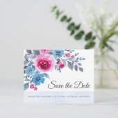 Moderne blauwe roze Waterverf Floral bewaar de dat Aankondigingskaart (Staand voorkant)