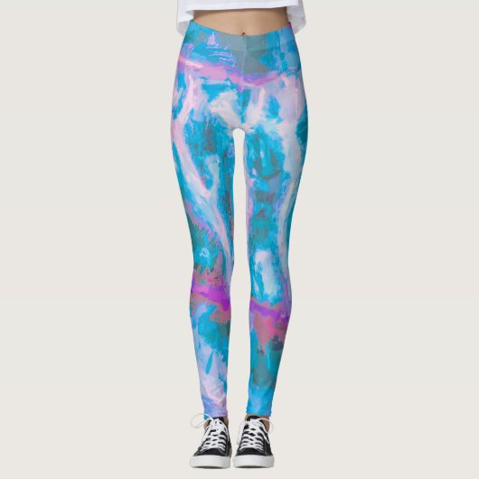 Moderne blauwe roze witte Abstracte Waterverf Leggings (Voorkant)