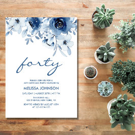 Moderne Blauwe Rozen Bloemengroen 40e Verjaardag Kaart