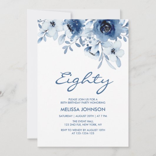 Moderne Blauwe Rozen Bloemengroen 80ste Verjaardag Kaart (Voorkant)