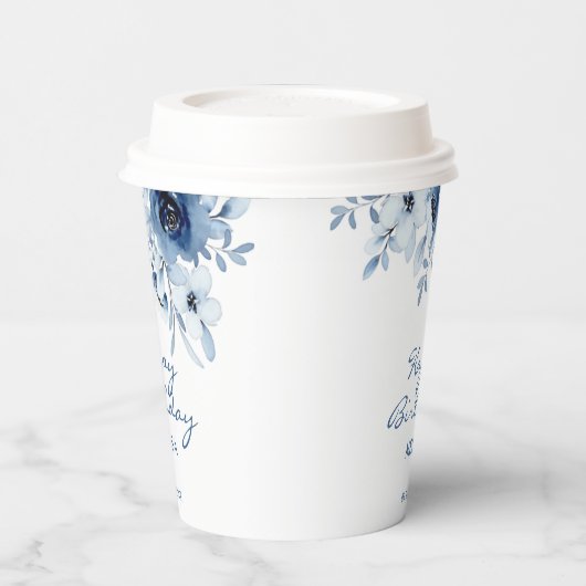 Moderne Blauwe Rozen Bloemengroen Verjaardag Papieren Bekers (Links)