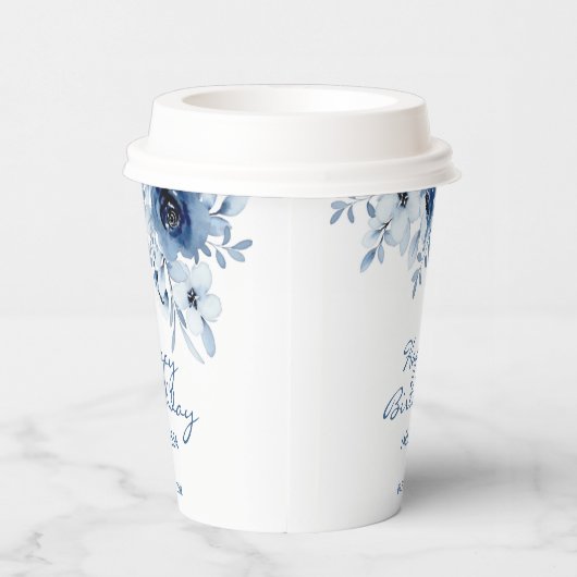 Moderne Blauwe Rozen Bloemengroen Verjaardag Papieren Bekers (Rechts)