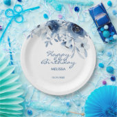 Moderne Blauwe Rozen Bloemengroen Verjaardag Papieren Bordje (Feest)