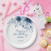 Moderne Blauwe Rozen Bloemengroen Verjaardag Papieren Bordje (Feest)