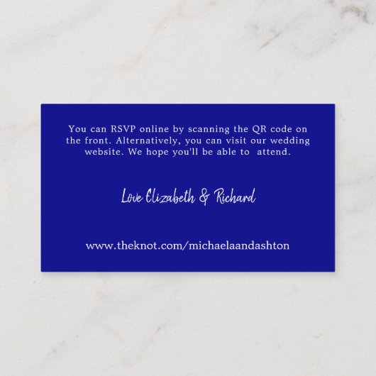 Moderne Blauwe RSVP Huwelijkswebsite QR Code Informatiekaartje (Achterkant)