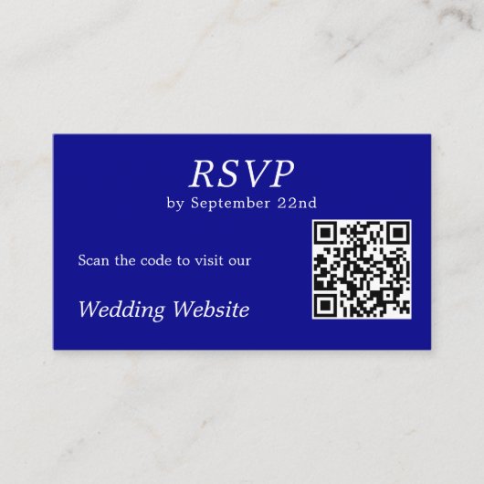 Moderne Blauwe RSVP Huwelijkswebsite QR Code Informatiekaartje (Voorkant)