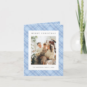 Moderne blauwe ruit familie foto kerst feestdagen kaart