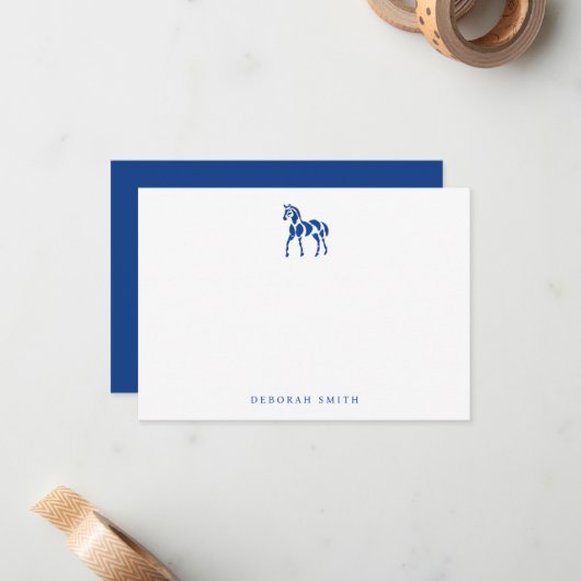 Moderne blauwe ruiterpaard gepersonaliseerde naam notitiekaartje (Voorkant / Achterkant in situ)