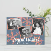 Moderne Blauwe Rustieke Sneeuwvlok 3 Foto Kerstmis Feestdagenkaart (Staand voorkant)