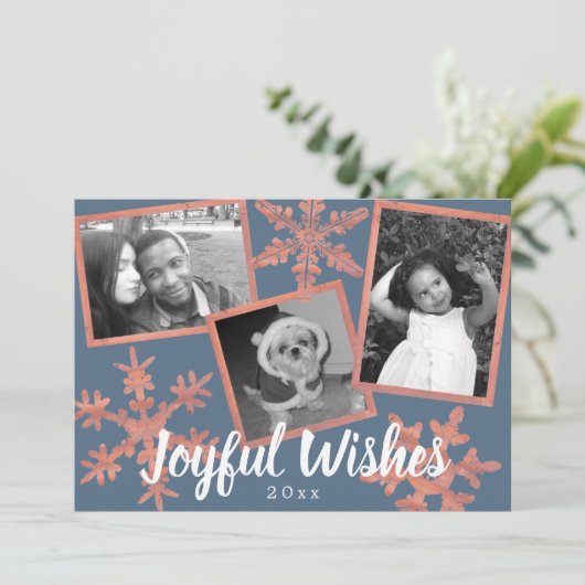 Moderne Blauwe Rustieke Sneeuwvlok 3 Foto Kerstmis Feestdagenkaart (Staand voorkant)