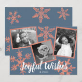 Moderne Blauwe Rustieke Sneeuwvlok 3 Foto Kerstmis Feestdagenkaart (Voorkant / Achterkant)