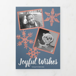 Moderne Blauwe Rustieke Snowflake Collage 5 Foto Drieluik Wenskaart